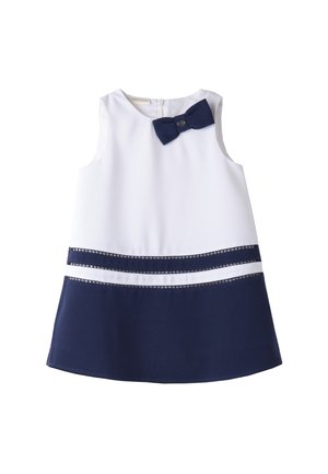 Abito senza maniche bianco e navy con dettaglio a fiocco nella scollatura, design a righe orizzontali e una texture liscia.