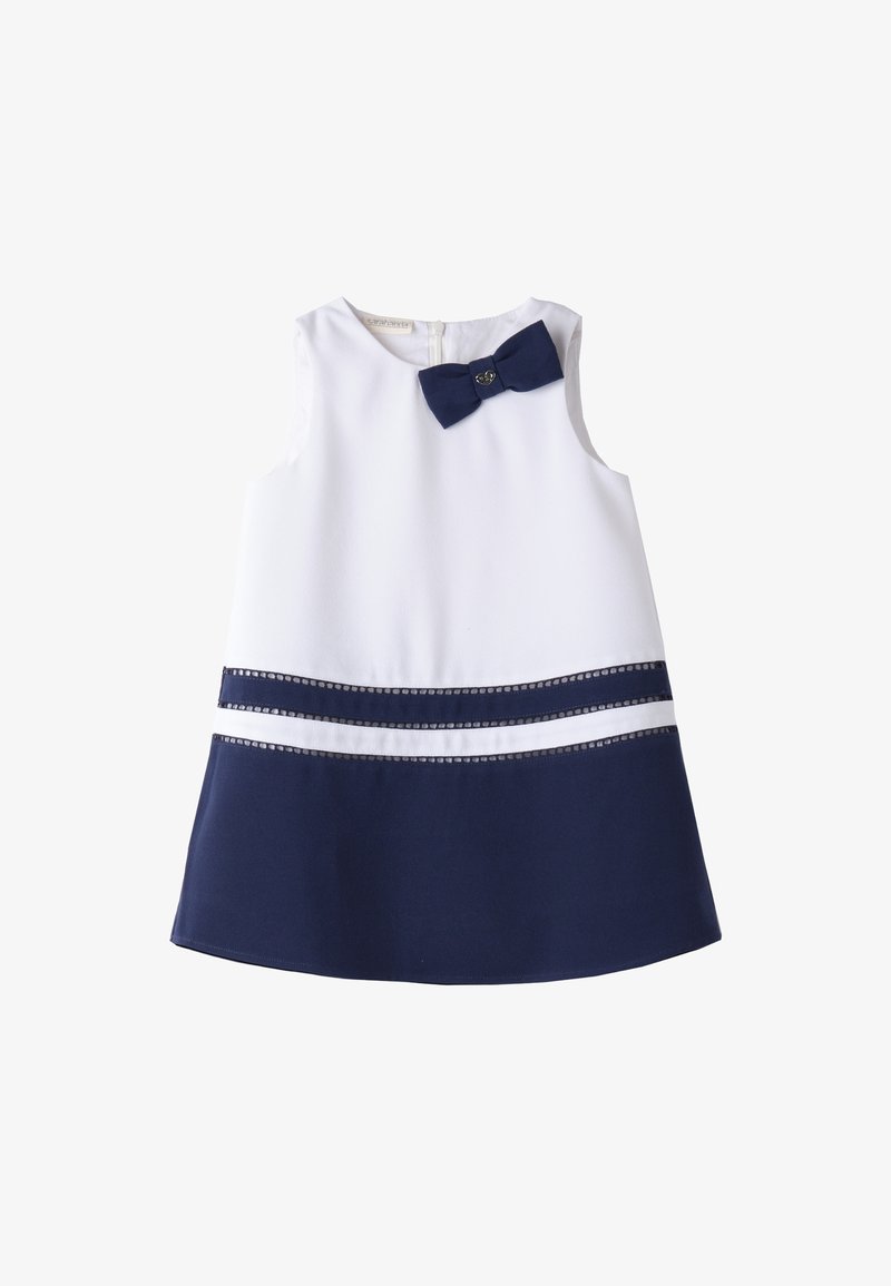 Ärmelloses Kleid in Weiß und Marineblau mit einer Schleifendetail am Ausschnitt, horizontalem Streifenmuster und einer glatten Textur.