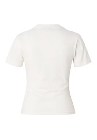 Bílé tričko s krátkým rukávem a kulatým výstřihem, zúžené, zobrazené zezadu na jednobarevném bílém pozadí.