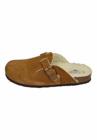 Brown suede clog with a buckle detail, soft interior lining, and a contoured footbed, featuring a rubber sole and rounded shape.
