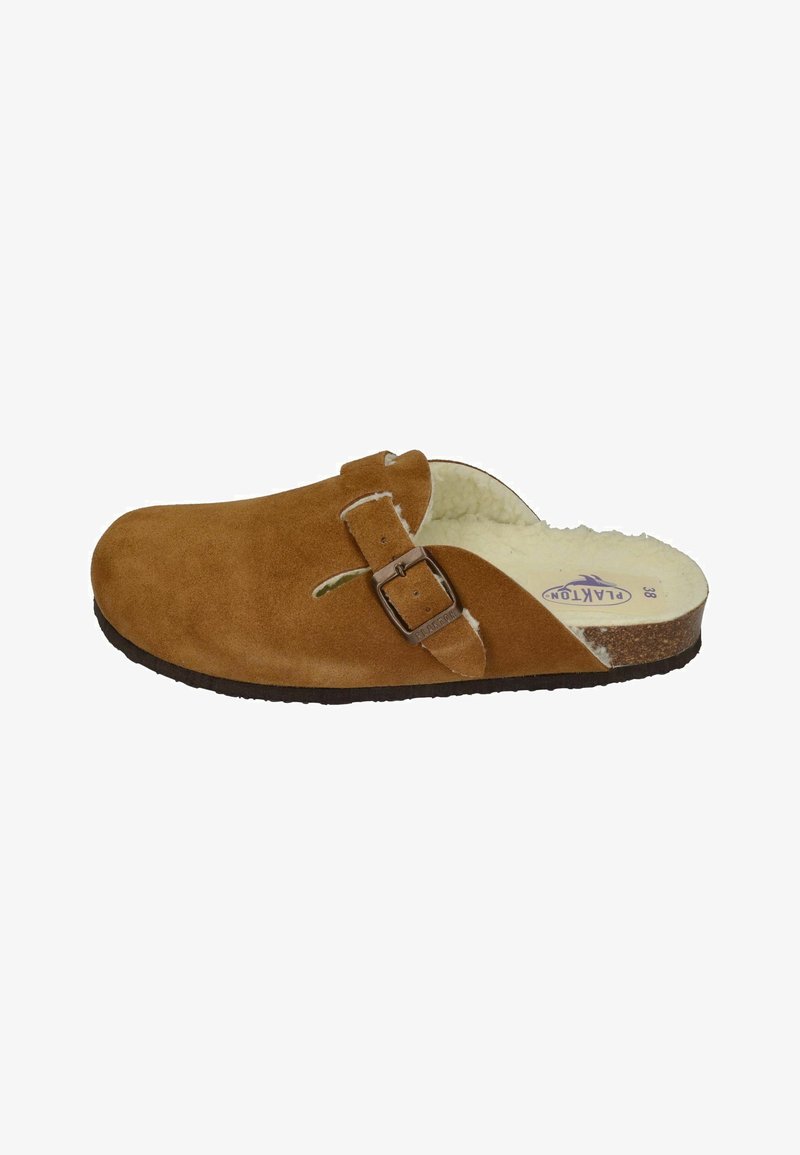 Brown suede clog with a buckle detail, soft interior lining, and a contoured footbed, featuring a rubber sole and rounded shape.