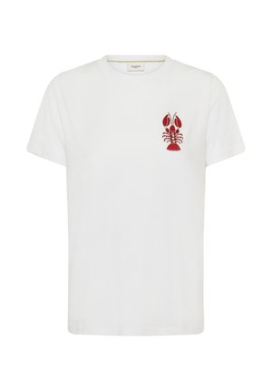 White short-sleeve crew neck t-shirt with a small red lobster embroidered on the left chest.