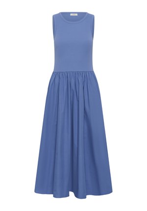 Rochie midi albastră fără mâneci cu corset mulat cu model tip rețea, decolteu rotund și fustă cloș plisată.