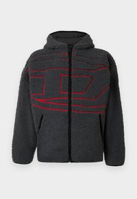 Gray fleece jacket with a zip closure and hood. Features red stitching in a geometric pattern and side pockets. Soft, textured fabric.