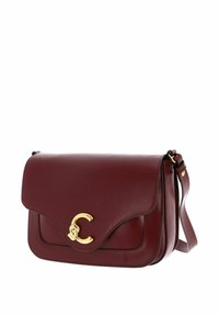 Borsa a tracolla in pelle color marrone scuro con fibbia in metallo dorato, design strutturato, chiusura a patta e tracolla regolabile per un utilizzo versatile.