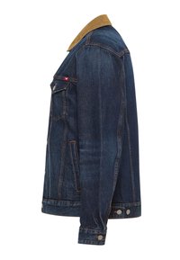 Veste en denim bleu foncé avec un col en velours côtelé. Dispose de poches avant, d'une fermeture par boutons et d'un détail de couture orange. Coupe classique.