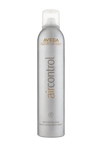 Spray per capelli Aveda Air Control a tenuta leggera in una grande lattina aerosol argento con testo dorato e un coperchio bianco, caratterizzata da una grafica floreale nella parte inferiore.