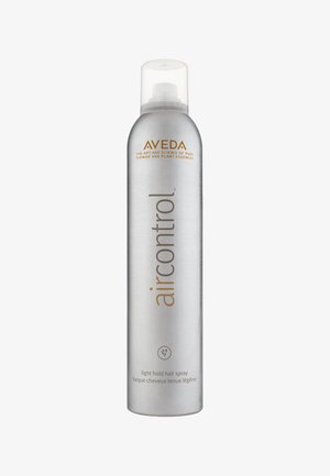 Spray per capelli Aveda Air Control a tenuta leggera in una grande lattina aerosol argento con testo dorato e un coperchio bianco, caratterizzata da una grafica floreale nella parte inferiore.