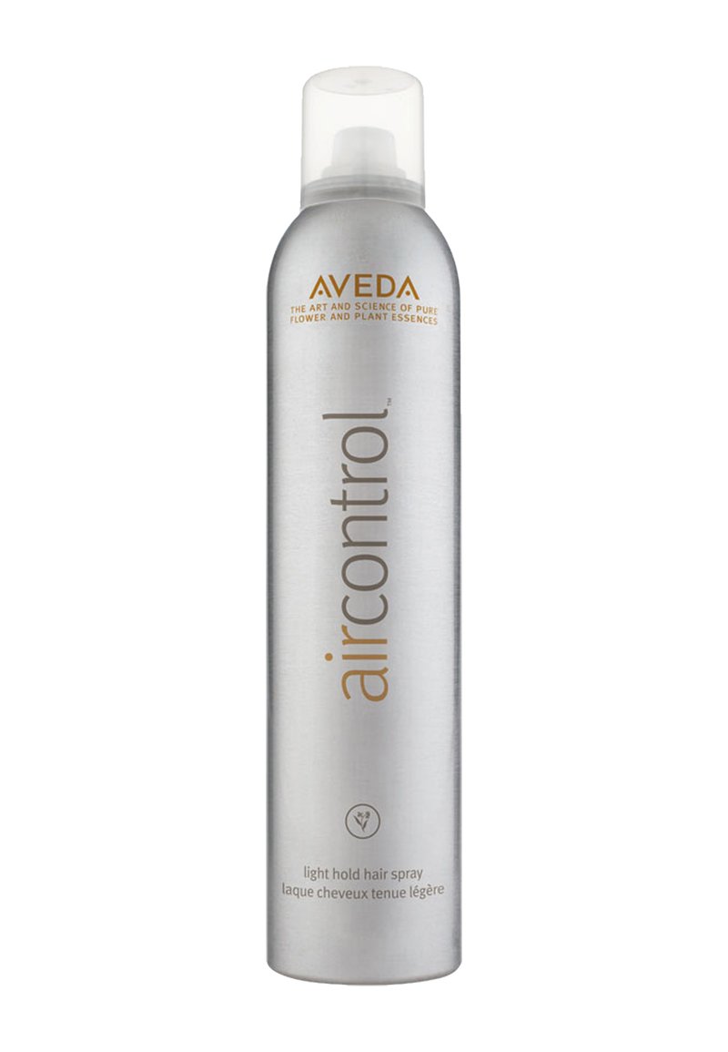 Spray per capelli Aveda Air Control a tenuta leggera in una grande lattina aerosol argento con testo dorato e un coperchio bianco, caratterizzata da una grafica floreale nella parte inferiore.