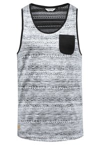Sleeveless gray tank top with black accents, featuring a textured geometric pattern and a chest pocket. Material appears soft and lightweight.