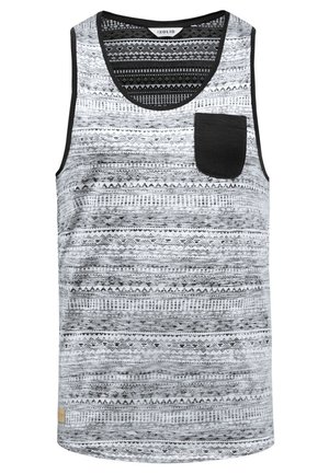 Halssõlene hall top, millel on mustad aktsendid, tekstuuriga geomeetriline muster ja rinna TASKU. Materjal näib olevat pehme ja kergestikandmine.