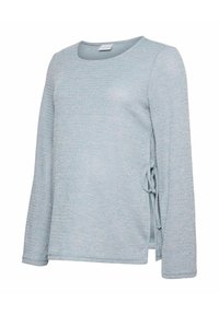 Maglietta a maniche lunghe blu chiaro con scollo a girocollo, tessuto testurizzato e dettaglio con nodo laterale sull'orlo. Vestibilità rilassata con un motivo rigato sottile.