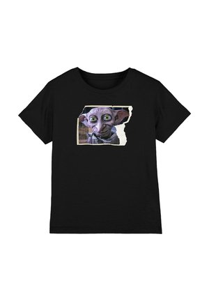 Black short-sleeve shirt featuring a close-up of a whimsical, large-eared purple creature with green eyes on a torn paper background.