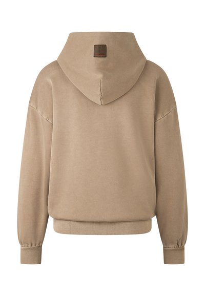 Beige Kapuzenpullover mit lockerer Passform, gerippten Manschetten und Saum. Mit einem Lederlogo-Patch am Rücken des Halsauschnitts. Weiche Textur.