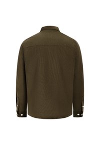 Olivew Зеленony T-shirt o długich rękawach, teksturowana tkanina, zapinane mankiety i klasyczny kołnierzyk. Prosta tył bez dodatkowych zdobień.