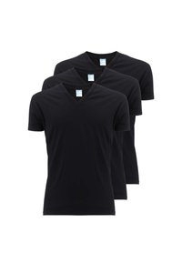 T-shirt neri a collo a V, impilati in tre. Realizzati in cotone, con maniche corte e una texture liscia. Etichetta visibile all'interno del colletto.