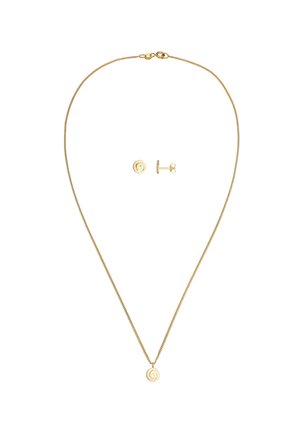 Guldbelagt halskæde med en tynd kæde og spiralvedhæng. Inkluderer matchende spiralstudørenge. Begge genstande har en glat, poleret finish.