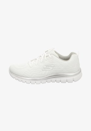 White athletic shoe with breathable mesh upper, textured design, and cushioned sole. Features lace-up closure and subtle logo on the side.