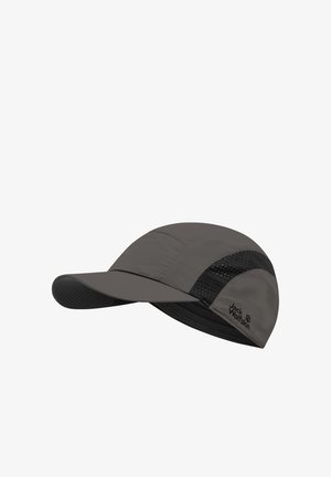 Cappellino leggero grigio con visiera curva, pannelli laterali in rete e dettagli neri. Presenta un logo sulla parte frontale, adatto per attività all'aperto.