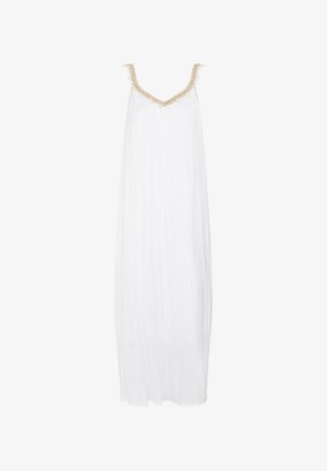 Robe maxi blanche sans manches avec bordure tressée dorée et pompons le long de l'encolure en V et des bretelles.
