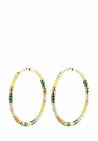 Gold-tone hoop earrings featuring multicolored ceramic beads in green, yellow, white, and orange, with a smooth, glossy texture.