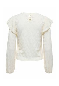 Blouse crème à manches longues avec des détails froncés aux épaules, une broderie florale subtile et une fermeture à deux boutons en forme de goutte à l’arrière du col.