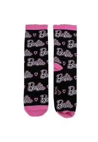 Calzini neri con testo ripetuto "Barbie" in rosa e bianco, arricchiti da piccoli cuori, con punte e polsini rosa, e un design testurizzato.