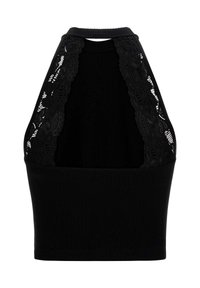 Černý zkrácený top s rypsovanou tkaninou, s vysokým výstřihem a krajkovými detaily po stranách. Zadní č�ást je otevřená, což zvýrazňuje krajkové akcenty.