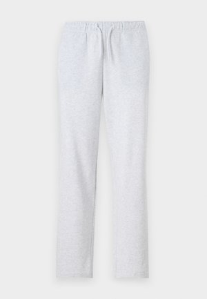 Grå sweatpants laget av myk stoff, med elastisk midjebånd og snøring, rette ben og en glatt tekstur.