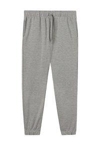 Grijze sweatpants van zachte stof, met een elastische tailleband met trekkoord, zijzakken en taps toelopende boorden bij de enkels.