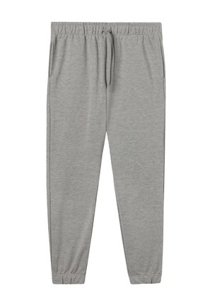 Pantalons de survêtement gris en tissu doux, dotés d'une taille élastique avec cordon de serrage, de poches latérales et de bretelles effilées aux chevilles.