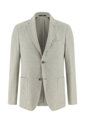 Hellgrauer Herren-Blazer mit dezentem Karomuster, zwei Knöpfen, Kerbklappen und vorderen aufgesetzten Taschen, dargestellt auf weißem Hintergrund.