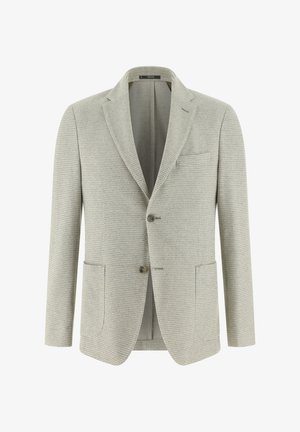 Vaaleanharmaa miesten bleiseri hienovaraisella ruutukuviolla, kahdella napilla, lovikauluksilla ja etutaskuilla, esitetty valkoisella taustalla.