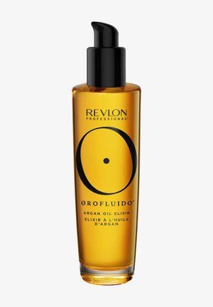 Amberkleurige glazen fles van Revlon Professional Orofluido Argan Oil Elixir met zwarte pompdispenser en zwart rond logo aan de voorkant.