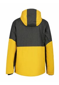 Czarna i żółta wodoodporna kurtka, z wzorem w kratkę na górnej części, z kapturem i kontrastowymi blokami kolorów na ramionach.