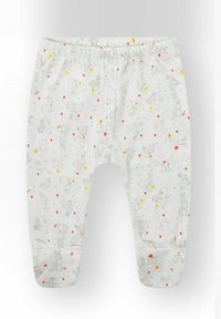 Pantalones para bebé de algodón gris claro con cintura elástica, con un patrón repetitivo de animales, corazones y flores con acentos en rojo y amarillo.