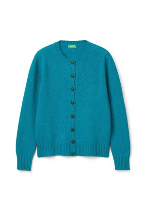 Cardigan bleu sarcelle à boutons avec col, poignets et ourlet côtelés, présenté à plat sur fond blanc.
