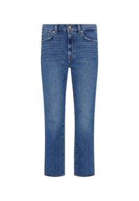 Jean en denim bleu moyen, coupe droite, avec fermeture à bouton, cinq poches et un léger délavage pour un look épuré.