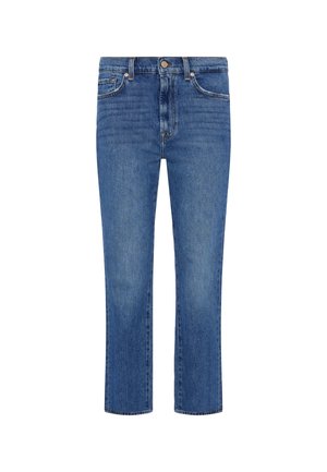 Jeans dżinsowe w średnim niebieskim kolorze, o prostym kroju nogawki, z zapięciem na guzik, pięcioma kieszeniami i minimalnym wyblaknięciem dla czystego wyglądu.