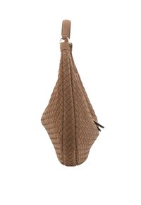 Woven brown leather handbag with a smooth texture, slouchy shape, and a single strap. Features a subtle knot detail at the closure.