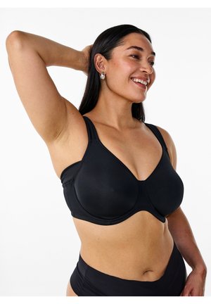 Czarny biustonosz z drutem, wykonany z gładkiego materiału, z szerokimi ramiączkami i głębokim dekoltem. Posiada bezszwowe miseczki oraz minimalne detale szwów.