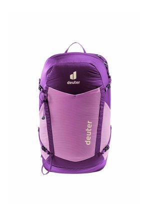 Purple backpack with a two-tone design, featuring a textured fabric, top handle, and zippers. Brand logo printed on the front.