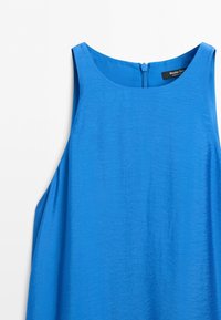 Sleeveless bright blue dress with a round neckline and a back zipper, displayed against a white background.