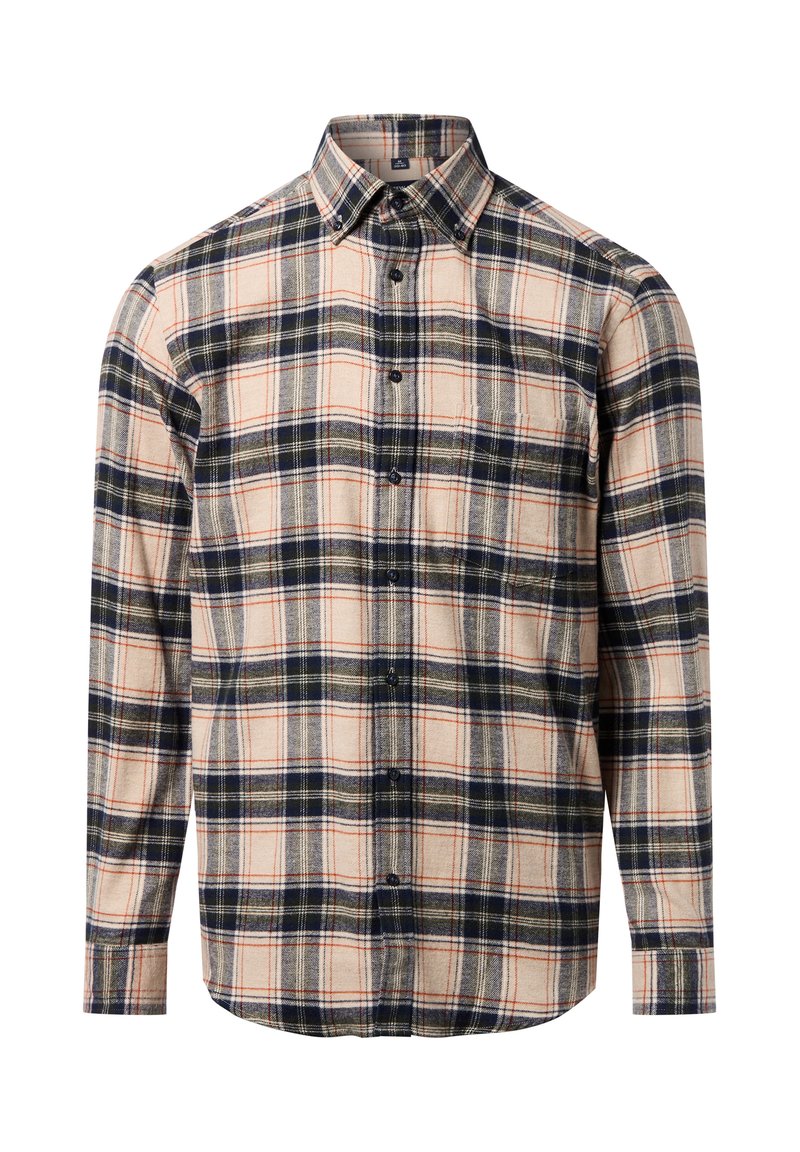 Kariertes Hemd in Beige mit blauen, grünen und orangen Linien. Lange Ärmel, klassischer Kragen, aus weichem Stoff mit normaler Passform.
