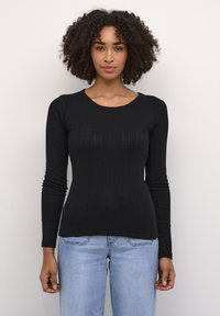 Schwarzes geripptes Langarmoberteil mit rundem Ausschnitt, figurbetonter Passform und strukturiertem Stoff, kombiniert mit hellblauen Jeans.