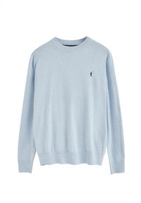 Jasnoniebieski sweter z okrągłym dekoltem, wykonany z miękkiego materiału, z prążkowanymi mankietami i dołem oraz małym czarnym logo na lewej piersi.