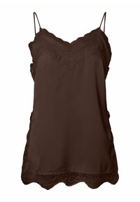 Brązowa satynowa halka z koronkowymi wykończeniami. Dekolt w kształcie litery V i regulowane cienkie ramiączka. Miękka faktura z koronkowymi, falistymi zdobieniami na dole.