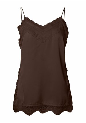 Brun satengcamisole med blonder. V-utringning og justerbare spaghettistropper. Myk tekstur med bølgete blondekanter nederst.