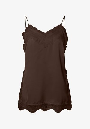Camisola de satén marrón con ribete de encaje. Escote en V y tirantes finos ajustables. Textura suave con detalles de encaje festoneado en el dobladillo.