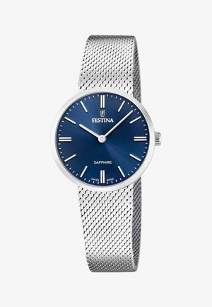 Orologio Festina con quadrante blu, cinturino in acciaio inox a maglia argento, indici orari bianchi minimalisti e vetro zaffiro. Design semplice.